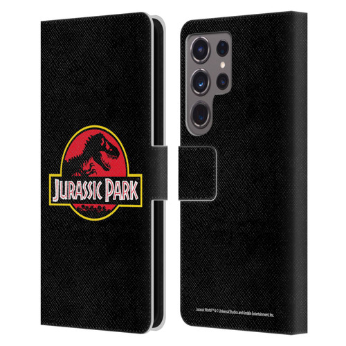 Jurassic Park Logo Plain Black Leather Book Wallet Case Cover For Samsung Galaxy S24 Ultra 5G