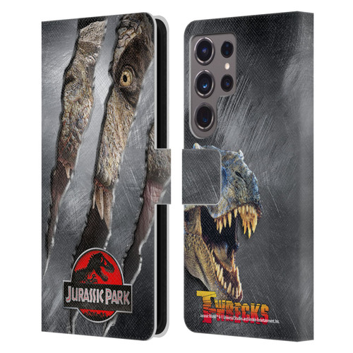 Jurassic Park Logo T-Rex Claw Mark Leather Book Wallet Case Cover For Samsung Galaxy S24 Ultra 5G