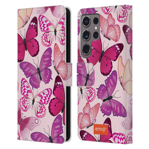 emoji® Butterflies Pink And Purple Leather Book Wallet Case Cover For Samsung Galaxy S24 Ultra 5G