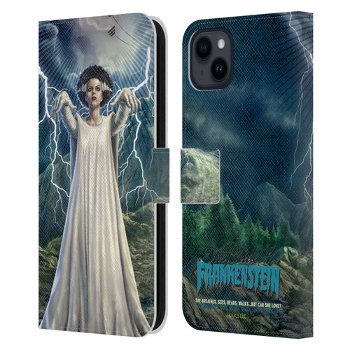 Universal Monsters The Bride Of Frankenstein But Can She Love? Leather Book Wallet Case Cover For Apple iPhone 15 Plus