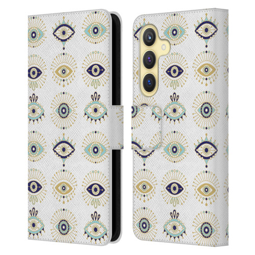 Cat Coquillette Linear White Evil Eyes Pattern Leather Book Wallet Case Cover For Samsung Galaxy S24 5G