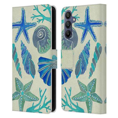 Cat Coquillette Sea Seashells Blue Leather Book Wallet Case Cover For Samsung Galaxy A15