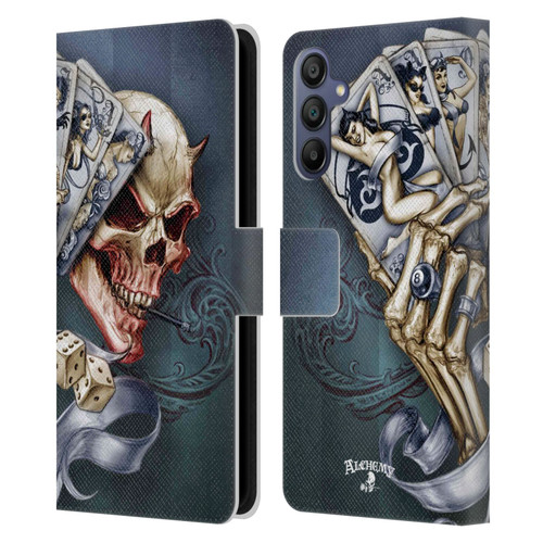 Alchemy Gothic Skull And Cards Read 'Em And Weep Leather Book Wallet Case Cover For Samsung Galaxy A15