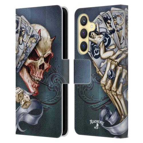 Alchemy Gothic Skull And Cards Read 'Em And Weep Leather Book Wallet Case Cover For Samsung Galaxy S24 5G