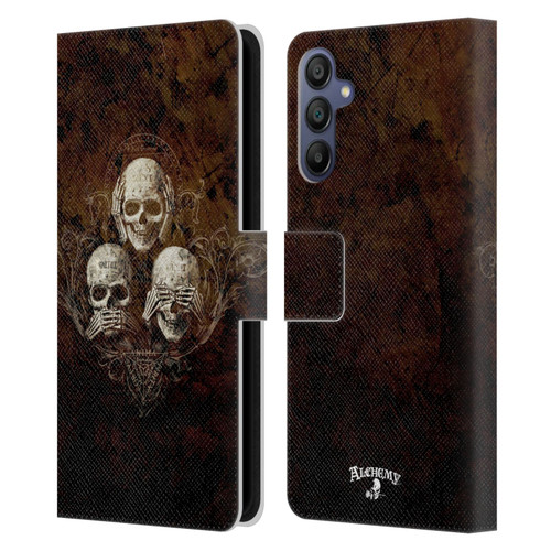 Alchemy Gothic Skull No Evil Three Skull Leather Book Wallet Case Cover For Samsung Galaxy A15