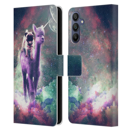 Random Galaxy Space Unicorn Ride Pug Riding Llama Leather Book Wallet Case Cover For Samsung Galaxy A15