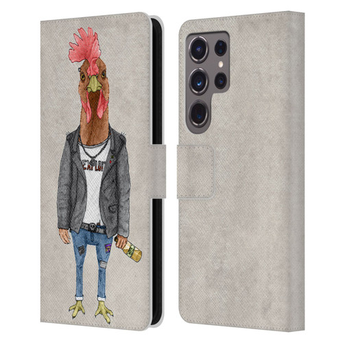 Barruf Animals Punk Rooster Leather Book Wallet Case Cover For Samsung Galaxy S24 Ultra 5G