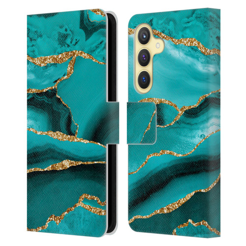 UtArt Malachite Emerald Aquamarine Gold Waves Leather Book Wallet Case Cover For Samsung Galaxy S24 5G