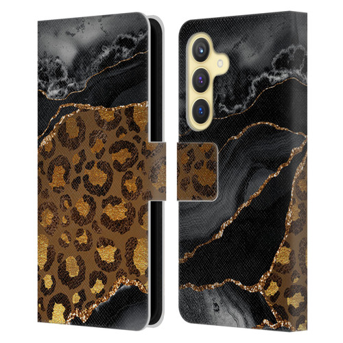 UtArt Wild Cat Marble Dark Gilded Leopard Leather Book Wallet Case Cover For Samsung Galaxy S24 5G