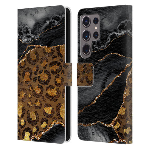 UtArt Wild Cat Marble Dark Gilded Leopard Leather Book Wallet Case Cover For Samsung Galaxy S24 Ultra 5G