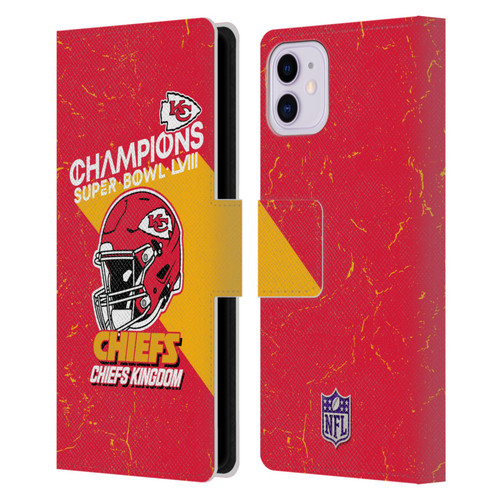 NFL 2024 Super Bowl LVIII Champions Kansas City Chiefs Helmet Leather Book Wallet Case Cover For Apple iPhone 11