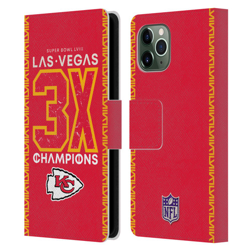 NFL 2024 Super Bowl LVIII Champions Kansas City Chiefs 3x Champ Leather Book Wallet Case Cover For Apple iPhone 11 Pro