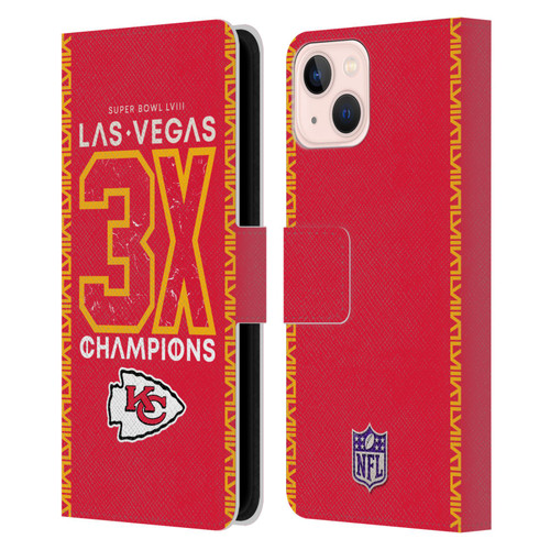 NFL 2024 Super Bowl LVIII Champions Kansas City Chiefs 3x Champ Leather Book Wallet Case Cover For Apple iPhone 13