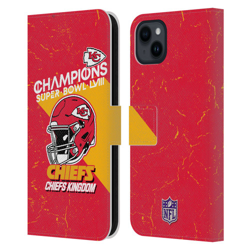 NFL 2024 Super Bowl LVIII Champions Kansas City Chiefs Helmet Leather Book Wallet Case Cover For Apple iPhone 15 Plus