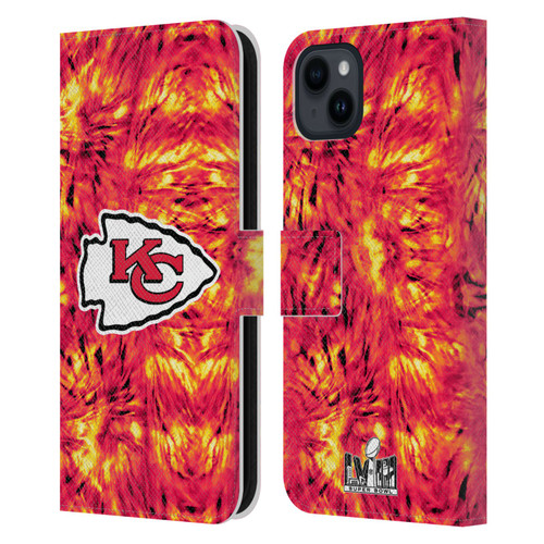 NFL 2024 Super Bowl LVIII Champions Kansas City Chiefs Tie Dye Leather Book Wallet Case Cover For Apple iPhone 15 Plus