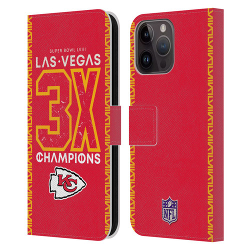 NFL 2024 Super Bowl LVIII Champions Kansas City Chiefs 3x Champ Leather Book Wallet Case Cover For Apple iPhone 15 Pro Max