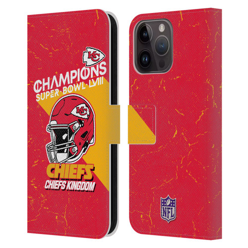 NFL 2024 Super Bowl LVIII Champions Kansas City Chiefs Helmet Leather Book Wallet Case Cover For Apple iPhone 15 Pro Max