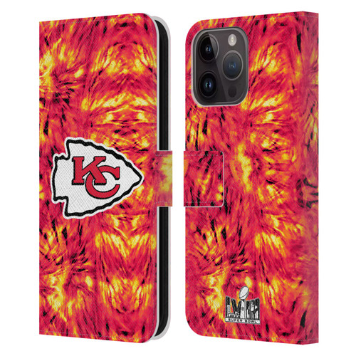 NFL 2024 Super Bowl LVIII Champions Kansas City Chiefs Tie Dye Leather Book Wallet Case Cover For Apple iPhone 15 Pro Max