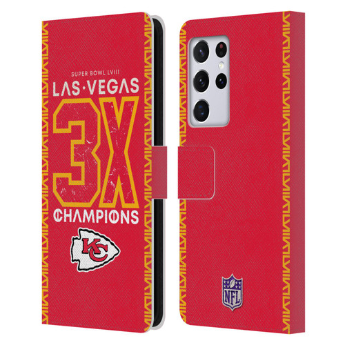 NFL 2024 Super Bowl LVIII Champions Kansas City Chiefs 3x Champ Leather Book Wallet Case Cover For Samsung Galaxy S21 Ultra 5G