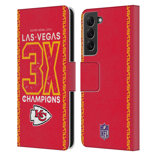 NFL 2024 Super Bowl LVIII Champions Kansas City Chiefs 3x Champ Leather Book Wallet Case Cover For Samsung Galaxy S22+ 5G