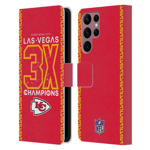 NFL 2024 Super Bowl LVIII Champions Kansas City Chiefs 3x Champ Leather Book Wallet Case Cover For Samsung Galaxy S22 Ultra 5G