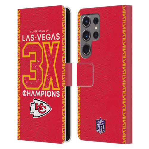 NFL 2024 Super Bowl LVIII Champions Kansas City Chiefs 3x Champ Leather Book Wallet Case Cover For Samsung Galaxy S24 Ultra 5G