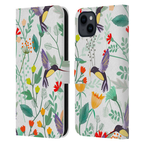 Haroulita Birds And Flowers Hummingbirds Leather Book Wallet Case Cover For Apple iPhone 15 Plus
