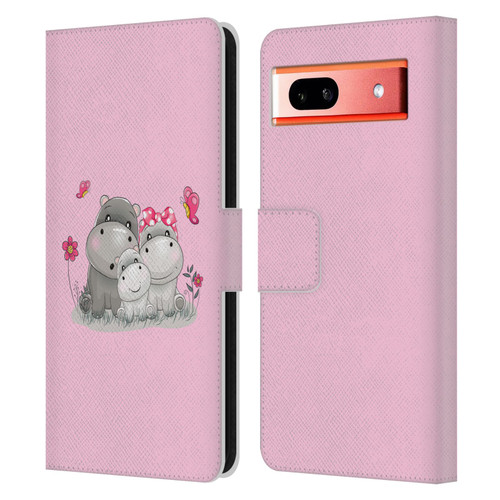 Haroulita Forest Hippo Family Leather Book Wallet Case Cover For Google Pixel 7a