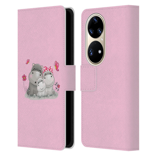 Haroulita Forest Hippo Family Leather Book Wallet Case Cover For Huawei P50 Pro
