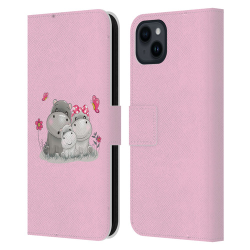 Haroulita Forest Hippo Family Leather Book Wallet Case Cover For Apple iPhone 15 Plus