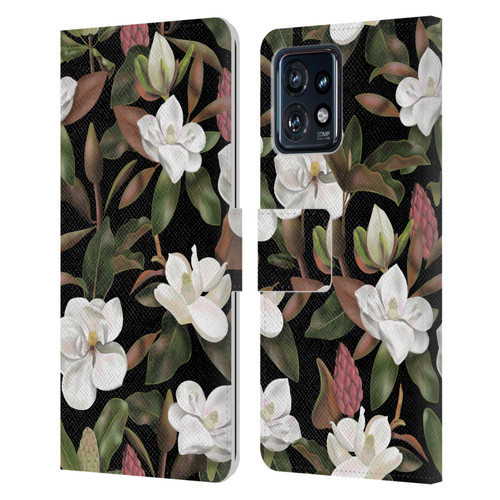 Anis Illustration Magnolias Pattern Black Leather Book Wallet Case Cover For Motorola Moto Edge 40 Pro