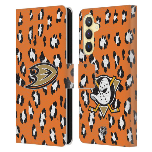 NHL Anaheim Ducks Leopard Patten Leather Book Wallet Case Cover For Samsung Galaxy S23 FE 5G