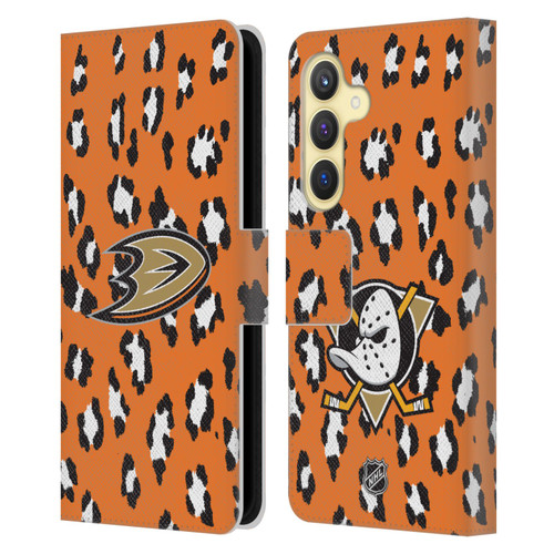 NHL Anaheim Ducks Leopard Patten Leather Book Wallet Case Cover For Samsung Galaxy S24 5G