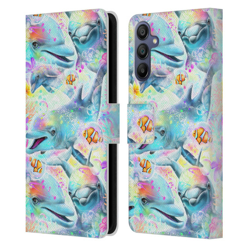 Sheena Pike Animals Rainbow Dolphins & Fish Leather Book Wallet Case Cover For Samsung Galaxy A15