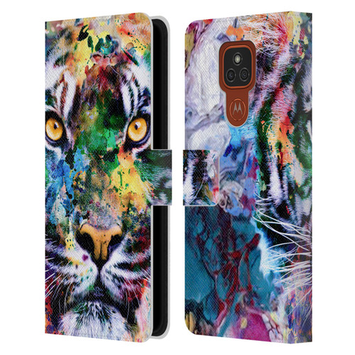 Riza Peker Animal Abstract Abstract Tiger Leather Book Wallet Case Cover For Motorola Moto E7 Plus