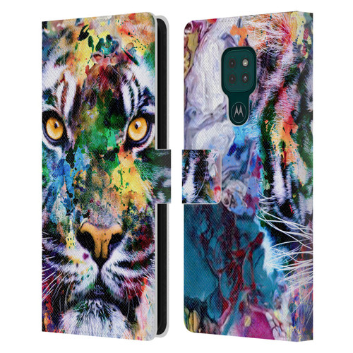 Riza Peker Animal Abstract Abstract Tiger Leather Book Wallet Case Cover For Motorola Moto G9 Play