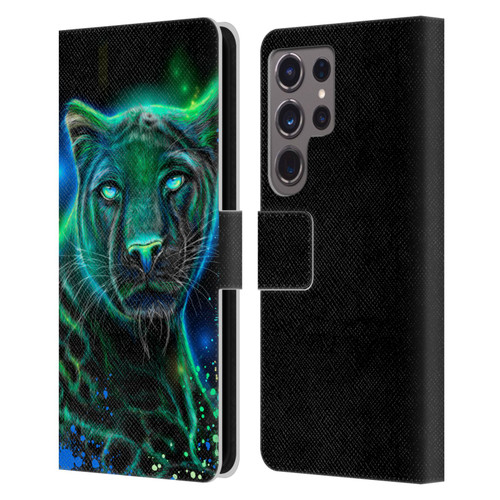 Sheena Pike Big Cats Neon Blue Green Panther Leather Book Wallet Case Cover For Samsung Galaxy S24 Ultra 5G