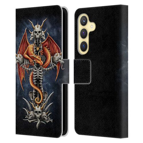 Sarah Richter Fantasy Creatures Red Dragon Guarding Bone Cross Leather Book Wallet Case Cover For Samsung Galaxy S24 5G