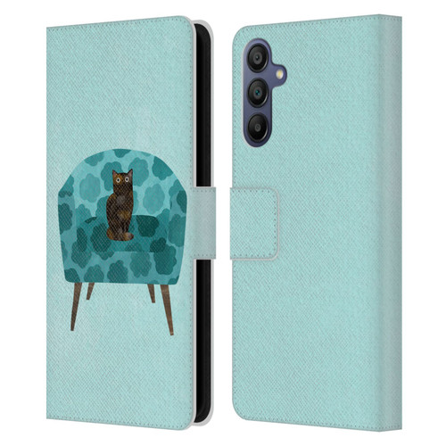 Planet Cat Arm Chair Teal Chair Cat Leather Book Wallet Case Cover For Samsung Galaxy A15