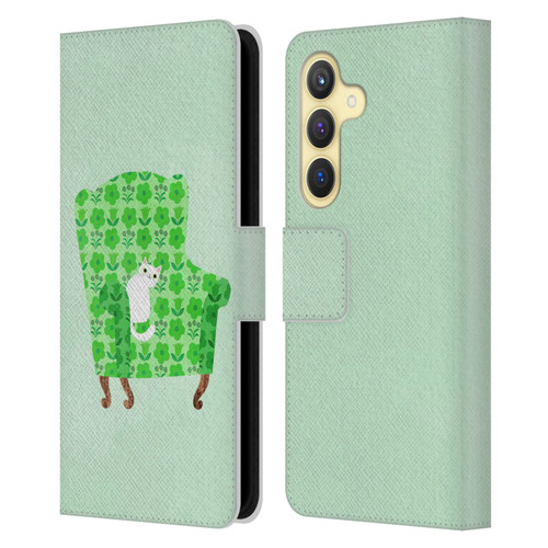 Planet Cat Arm Chair Spring Green Chair Cat Leather Book Wallet Case Cover For Samsung Galaxy S24 5G