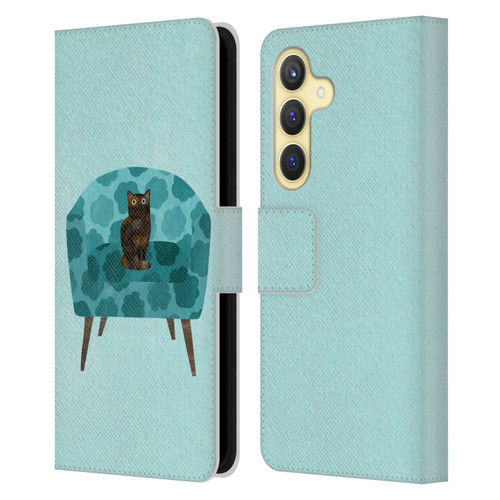 Planet Cat Arm Chair Teal Chair Cat Leather Book Wallet Case Cover For Samsung Galaxy S24 5G