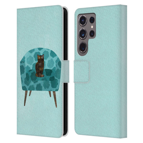 Planet Cat Arm Chair Teal Chair Cat Leather Book Wallet Case Cover For Samsung Galaxy S24 Ultra 5G