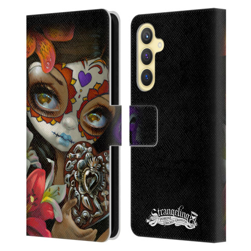 Strangeling Art Day of Dead Heart Charm Leather Book Wallet Case Cover For Samsung Galaxy S23 FE 5G