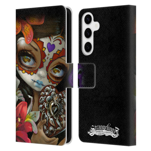 Strangeling Art Day of Dead Heart Charm Leather Book Wallet Case Cover For Samsung Galaxy S24+ 5G