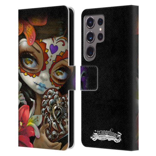Strangeling Art Day of Dead Heart Charm Leather Book Wallet Case Cover For Samsung Galaxy S24 Ultra 5G