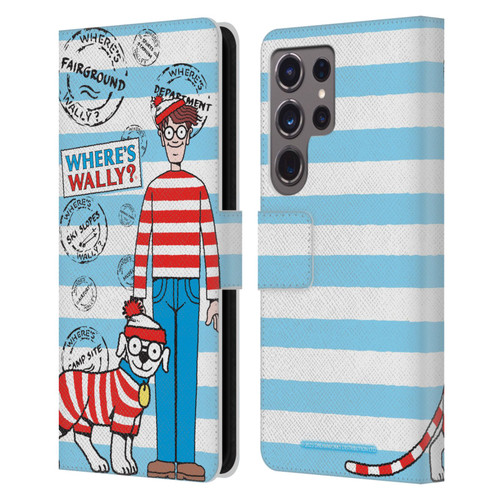 Where's Wally? Graphics Stripes Blue Leather Book Wallet Case Cover For Samsung Galaxy S24 Ultra 5G
