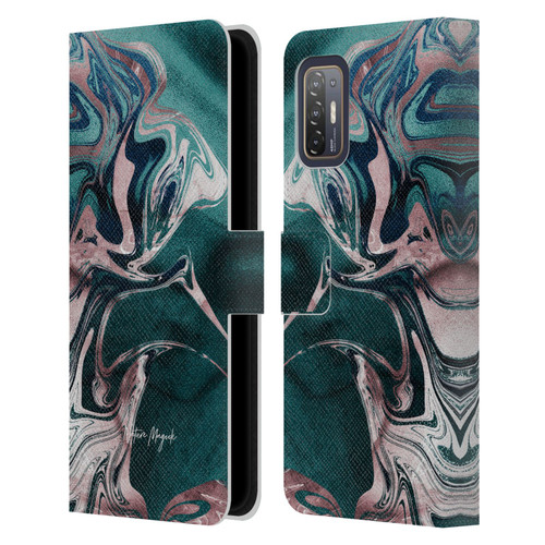 Nature Magick Luxe Gold Marble Metallic Teal Leather Book Wallet Case Cover For HTC Desire 21 Pro 5G