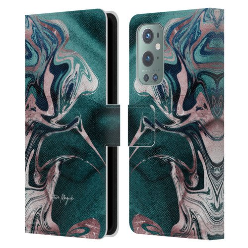 Nature Magick Luxe Gold Marble Metallic Teal Leather Book Wallet Case Cover For OnePlus 9