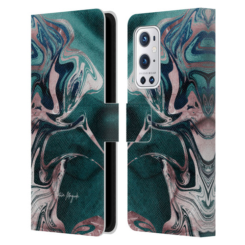 Nature Magick Luxe Gold Marble Metallic Teal Leather Book Wallet Case Cover For OnePlus 9 Pro