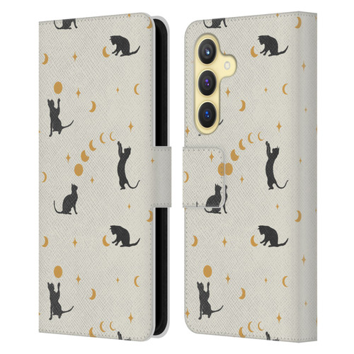 Episodic Drawing Pattern Cat And Moon Leather Book Wallet Case Cover For Samsung Galaxy S24 5G